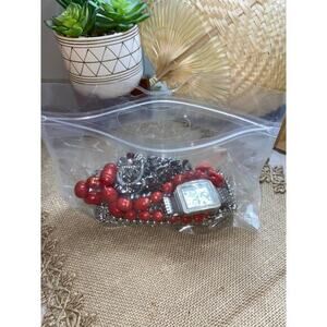Mystery Jewelry Jar Bag Mostly Silver Tone & Red Costume Jewelry Most Preowned